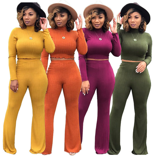 Ribbed Turtleneck Long Sleeve O-Neck Women's Long Sleeve Crop Top + Wide Leg Leggings 2-Piece Set