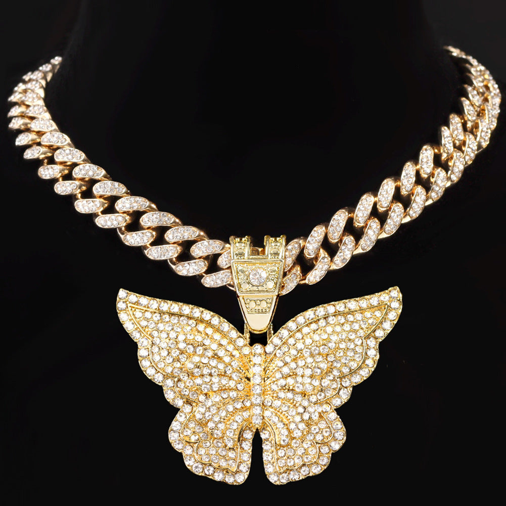 Iced-Out Large Diamond Silver/Gold Butterfly Pendant Cuban Chain Necklace-5 Sizes