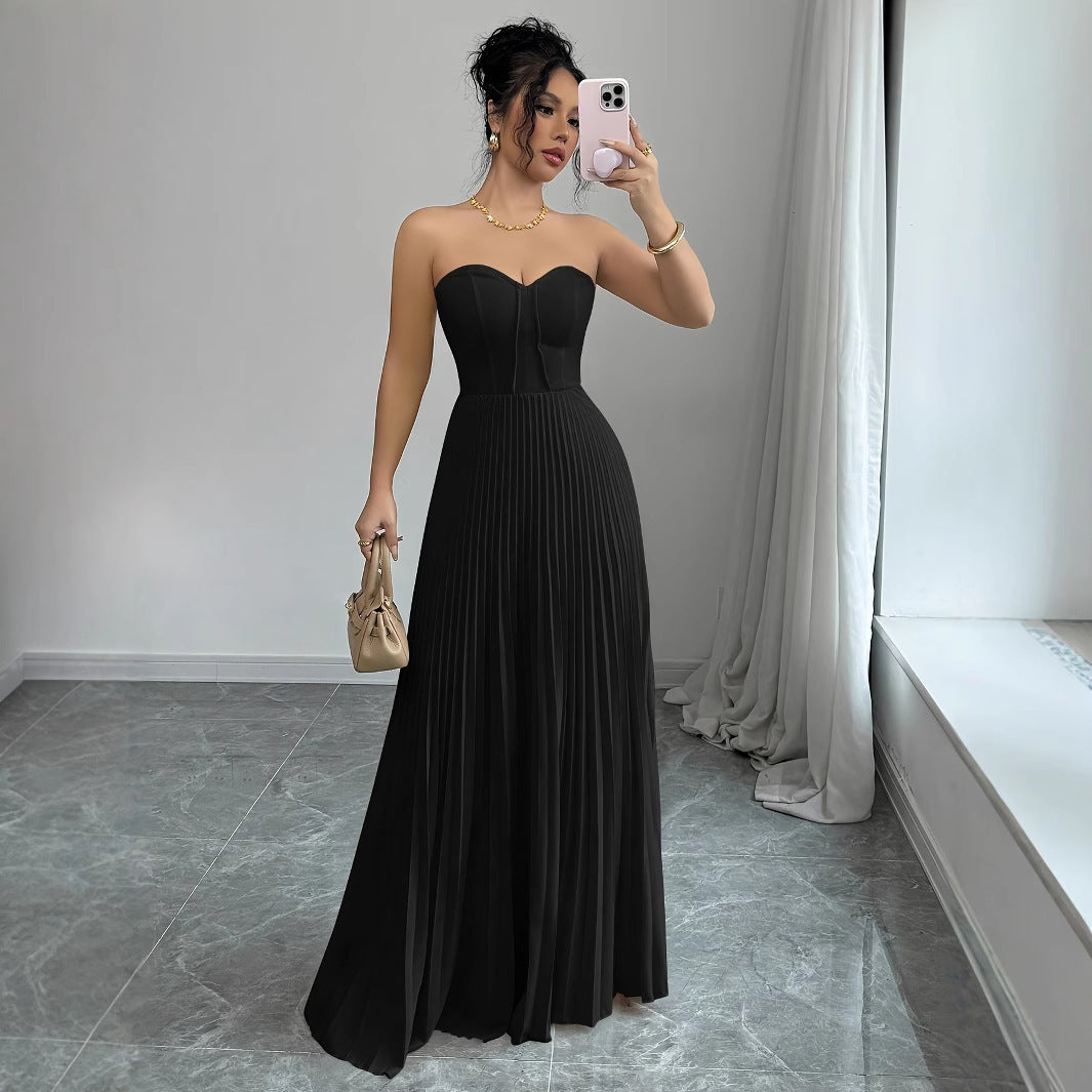 French Sleeveless Pleated Closet Top Solid Color Maxi Formal Tube Dress