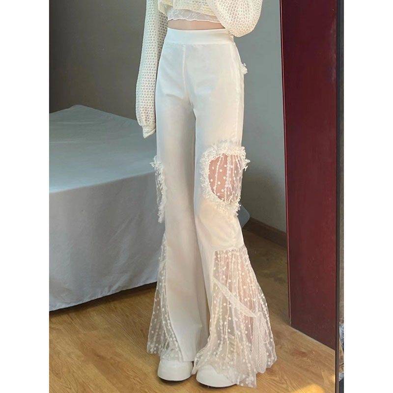 White Mesh Sheer Hollow-Out Transparent Patchwork Waist Micro Flare Women's Pants