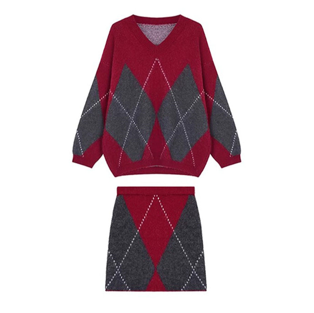 Plaid Argyle Knitted V-Neck Long Sleeve Sweater+ A- Line Mini Skirt Women's 2-Piece Set