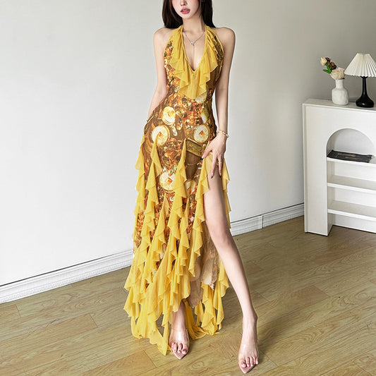 Yellow Tassel Fringe Ruffled Design Halter Deep V-Neck Sleeveless Maxi Dress
