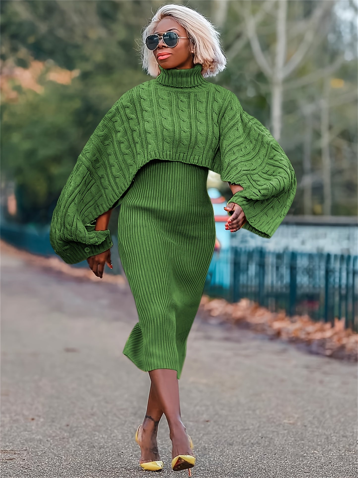 Turtleneck Knitted Weave Pattern Baggy Cape Sleeve Long Sleeve Sweater + Ribbed Tank Sweater Dress 2-Piece Set