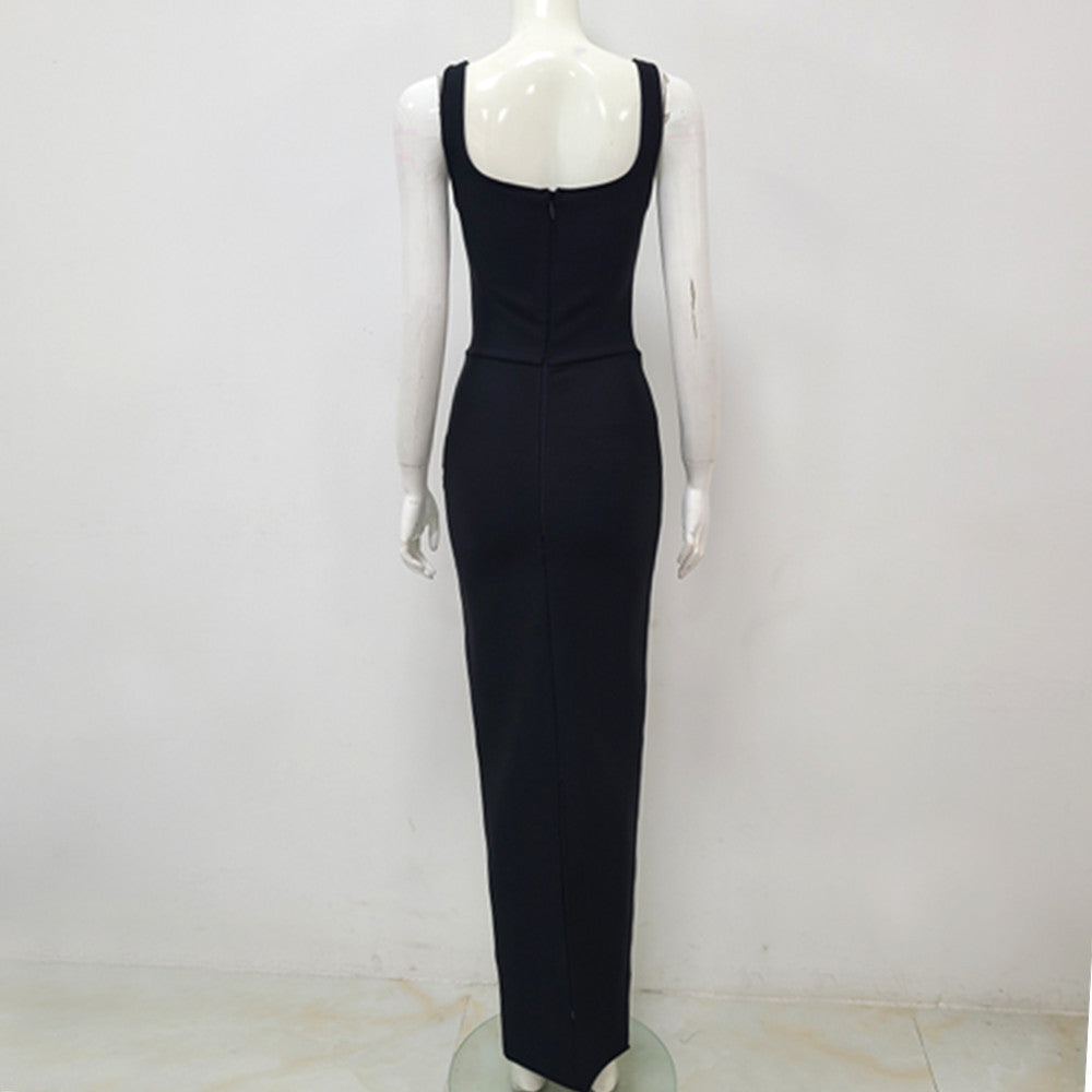 Black Rhinestone Embellished Spaghetti Strap Sleeveless U-Neck Skinny Bandage Formal Evening Party Dress
