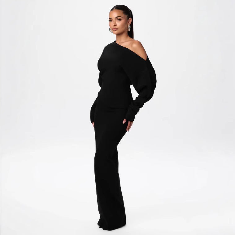 Knitted Skinny Fit Long Sleeve Off-the-Shoulder Solid Color Bodycon Maxi Dress