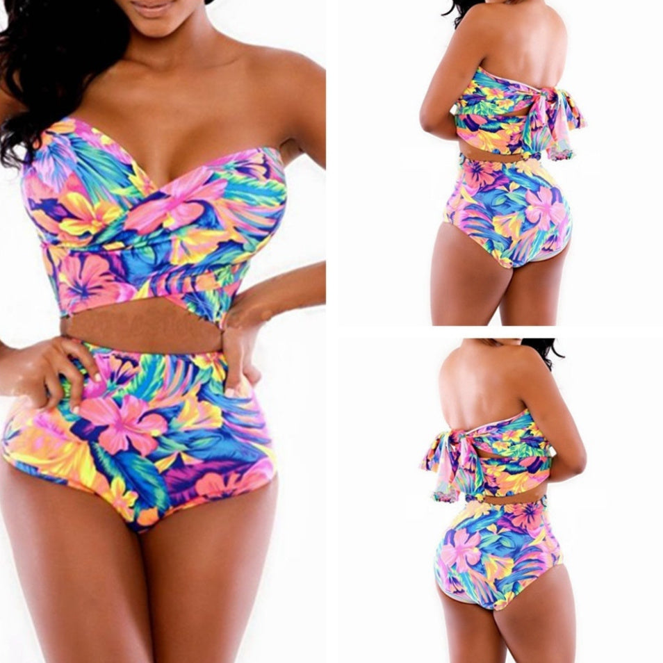 Hawaiian Tropical Floral Print Tube Top Women's 2-Piece Bikini Swimsuit
