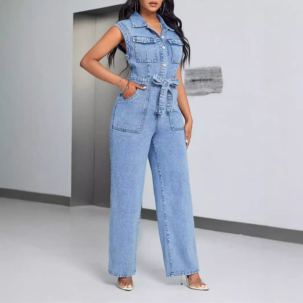 Denim Faded Blue Sleeveless Cargo Multi-Pocketed Trouser Jeans Jumpsuit