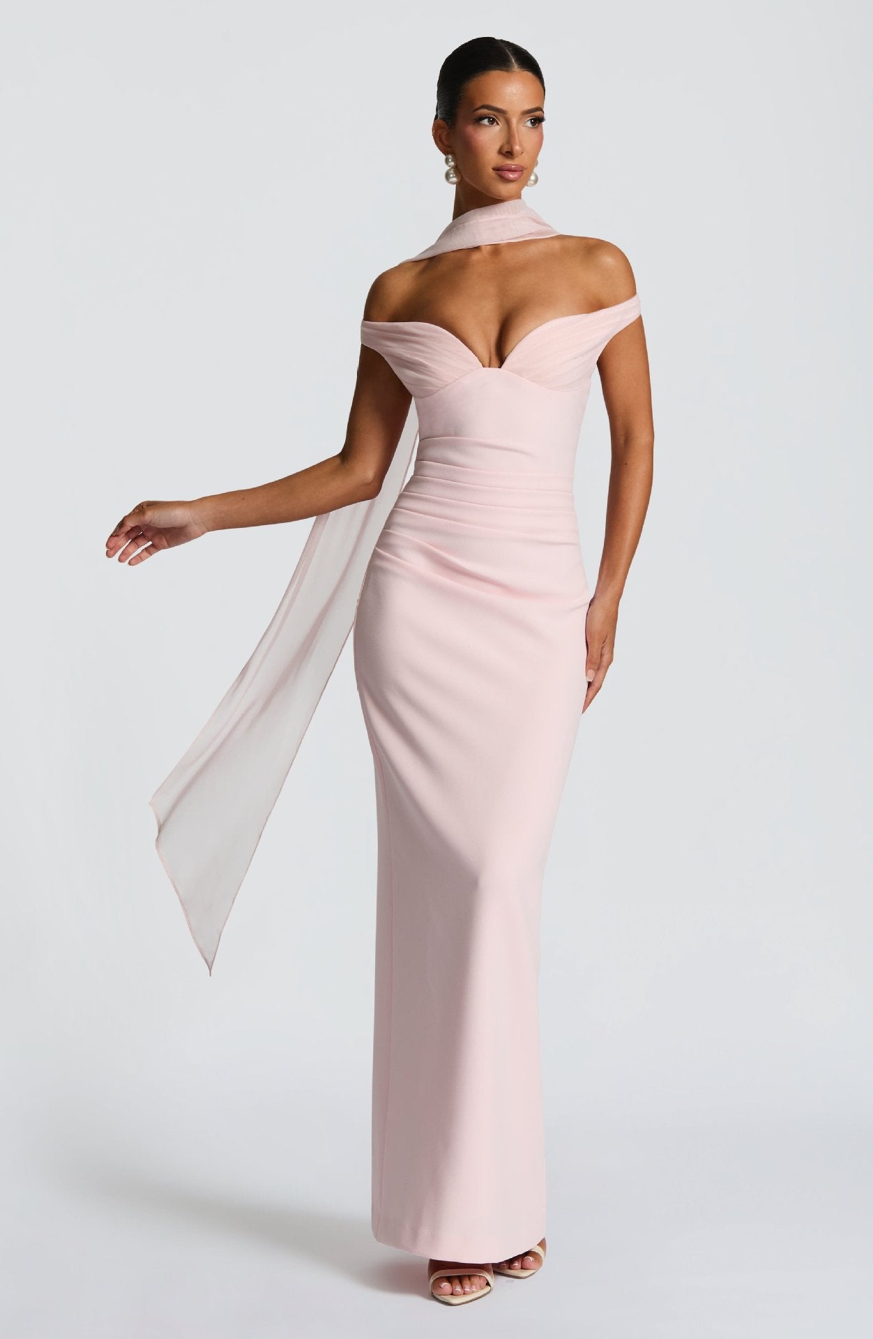 Off-the-Shoulder Solid Color Formal Evening Dress w/ Hanging Sash