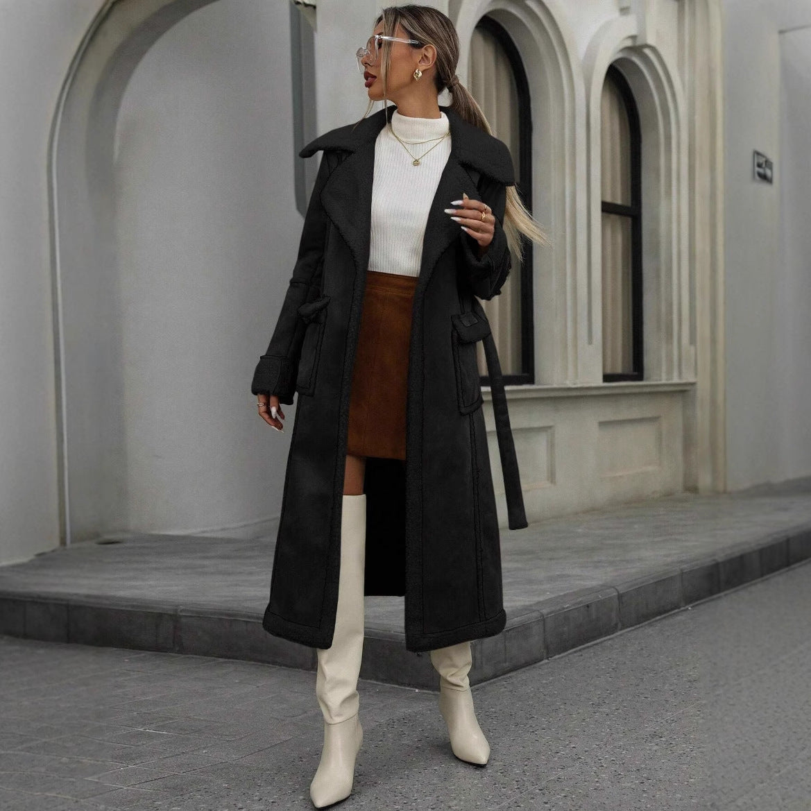 Lamb Wool Fleece Lined Paneled Patchwork Women's Trenchcoat w/ Belt