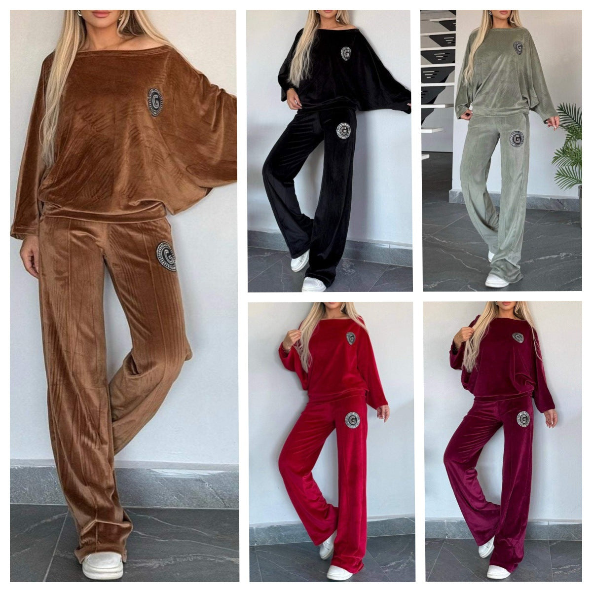 Velvet Solid Color O-Neck Long Batwing Sleeve Sweatshirt + Sweatpants Women Tracksuit to 3X Plus Size