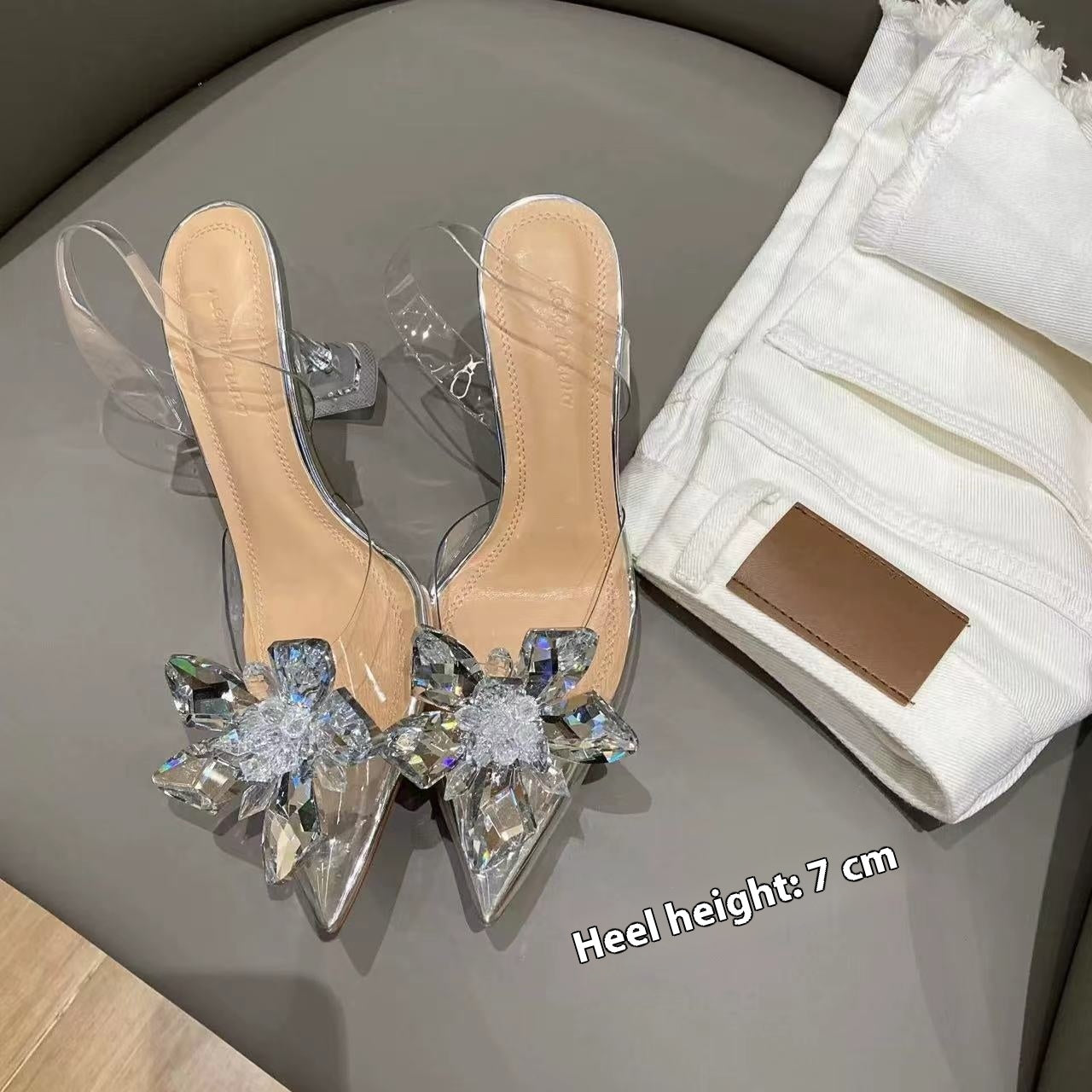 PVC Transparent Crystal Flower Design Spiked Heel Women's Pumps
