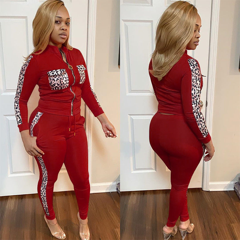 Leopard Colorblock Double Pocket Design Women's Zipper Sports Jacket + Side Striped Sweatpants Tracksuit to 5X Plus Size
