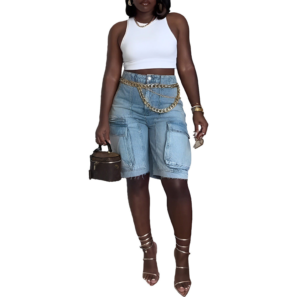 Denim Faded Blue Washed Cargo Pocketed Women's Jean Shorts to 3X Plus Size