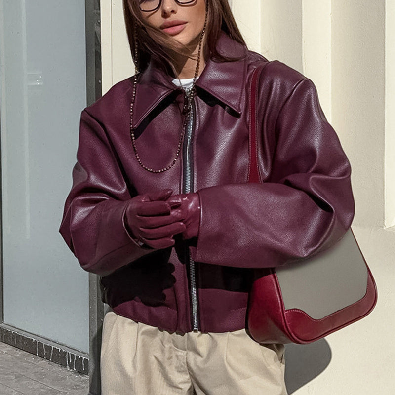 PU Leather Women's Solid Color Turn-Down Collar Long Sleeve Zipper Jacket