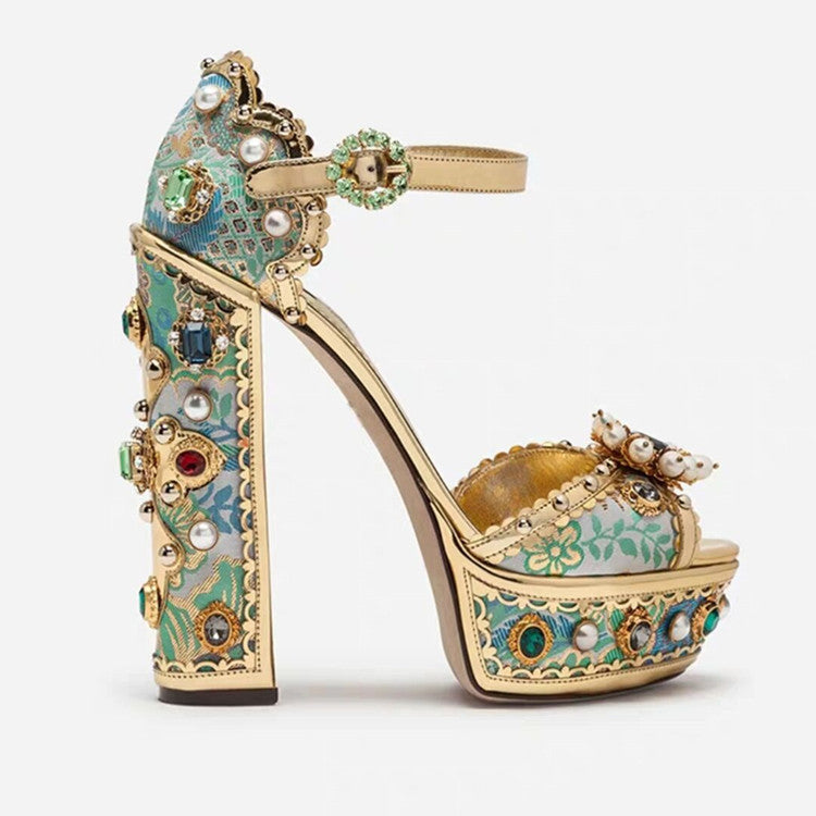 Vintage Baroque Rhinestone Embellished Leather Platform Thick Heel Fishmouth Women's Sandal Pumps