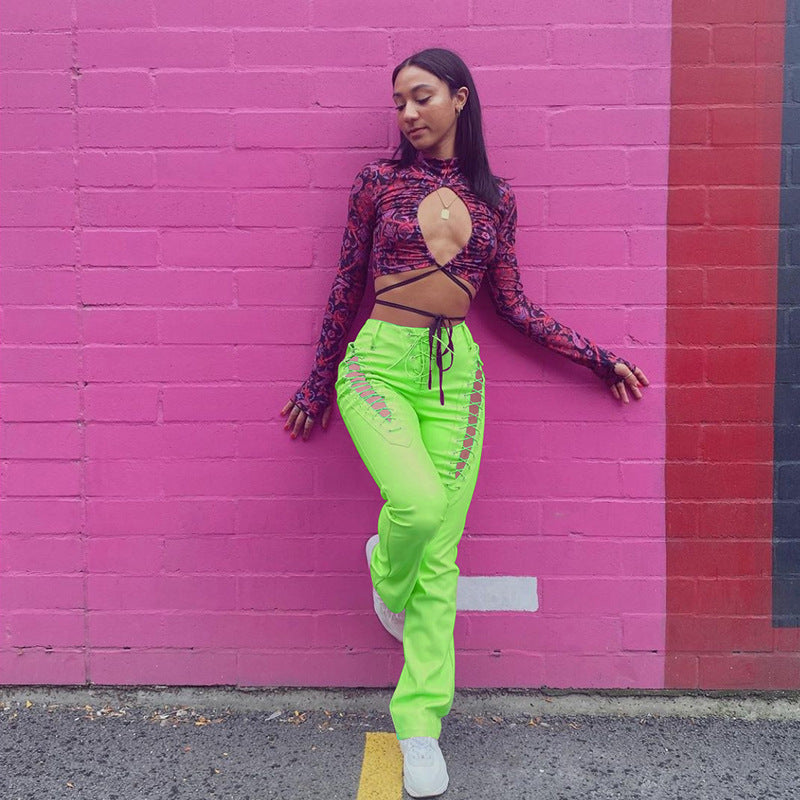 Hollow-Out Faux Leather Straight Women's Ankle Pants