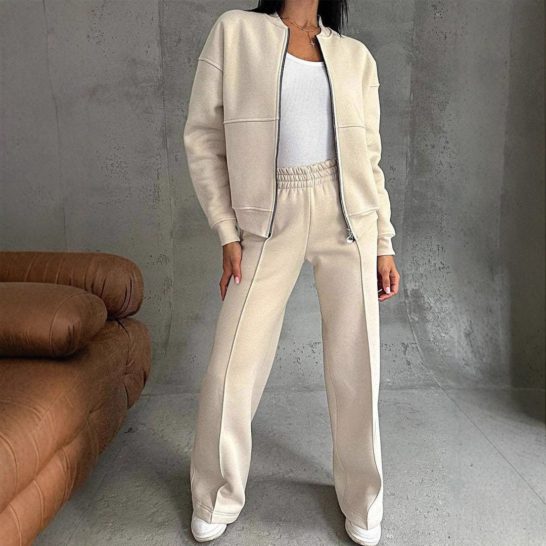 Women's O-Neck Solid Color Zipper Jacket + Wide Leg Pants Tracksuit