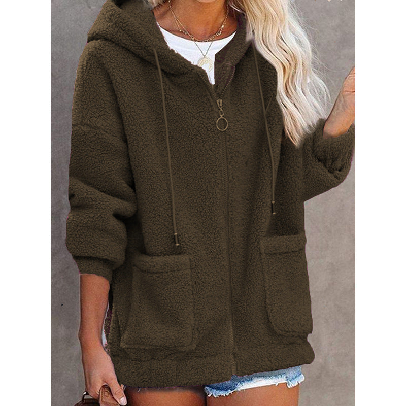 Fleece Solid Color Loose Women's Zipper Hoodie Jacket