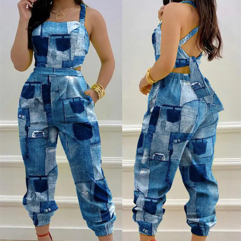Flower/Butterfly/Faux Denim Colorblock Women's Jumpsuit to 3X Plus Size