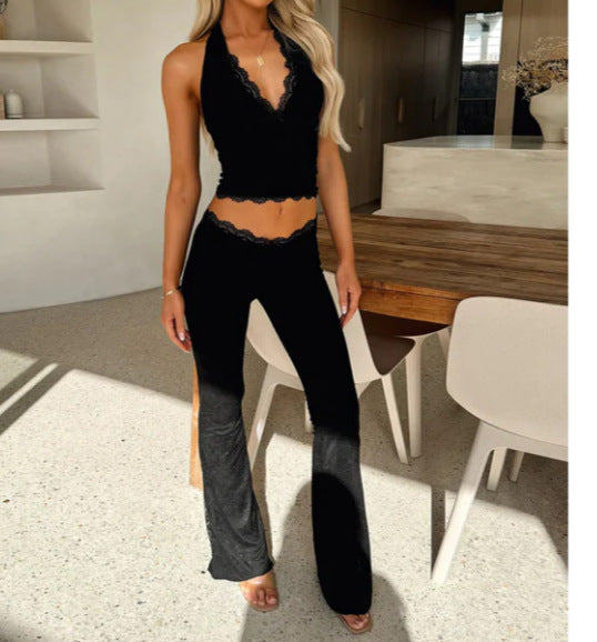 Lace Trim Sleeveless Women's V-Neck Halter Top + Skinny Elastic Waist Leggings 2-Piece Set