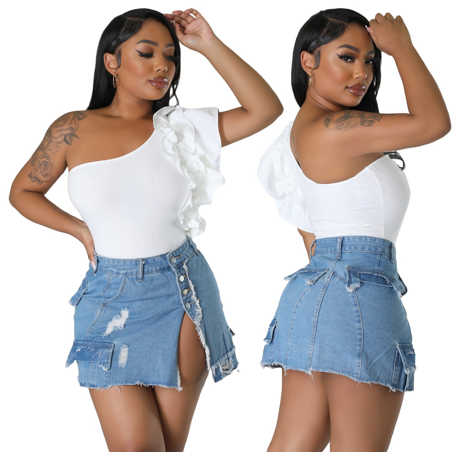 Denim Button Cargo Pocketed Ripped Women's Mini High Slit Jean Skirt