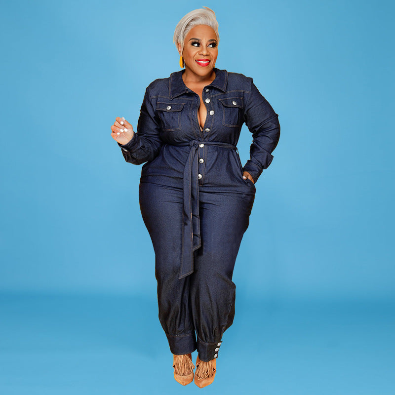Dark Blue Denim Double Pocket Design Women's Long Sleeve Button-Up Sash Belted Jumpsuit to 5X Plus Size