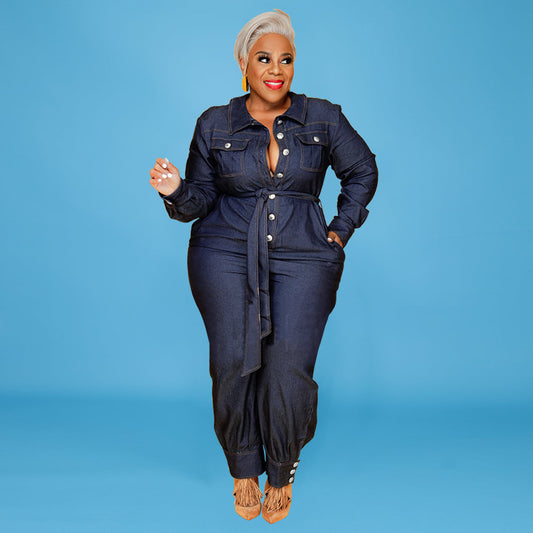Dark Blue Denim Double Pocket Design Women's Long Sleeve Button-Up Sash Belted Jumpsuit to 5X Plus Size