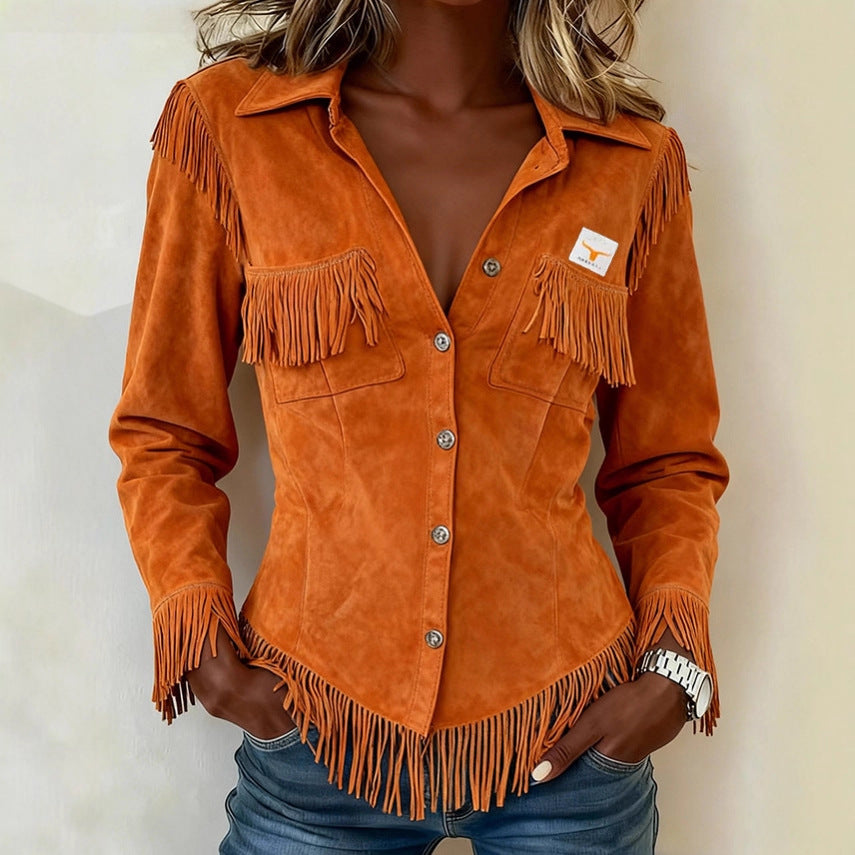 Orange Western Suede Velvet Tassel Fringe Design Long Sleeve Women's Rodeo Shirt