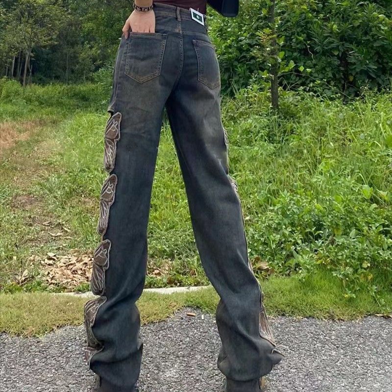 Retro Washed Faded High Waist Butterfly Embroidered Loose Hole Pattern Women's Hollow-Out Wide Leg Jeans to 3X Plus Size