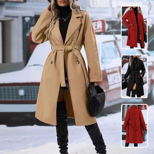 Solid Color Women's Double Breasted 3/4 Length Trenchcoat w/ Sash Belt