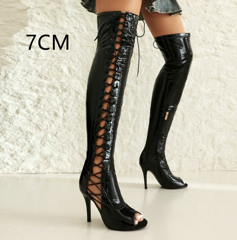 Patent Leather Peep Toe Lace-Up Women's Stiletto Heel Over-the-knee Boots
