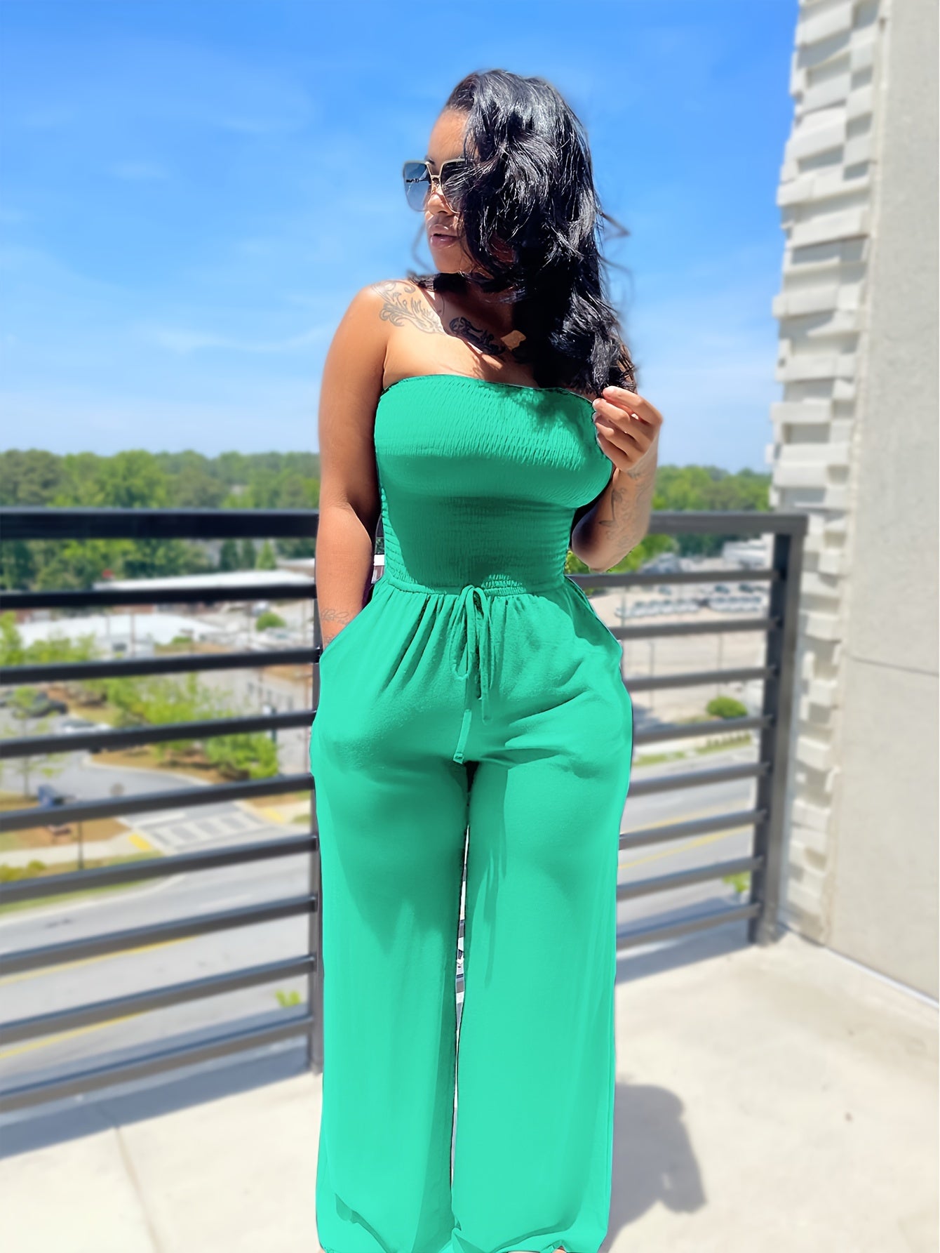 Sleeveless Waffle Pattern Solid Color Sash Belted Women's Tube Top Jumpsuit