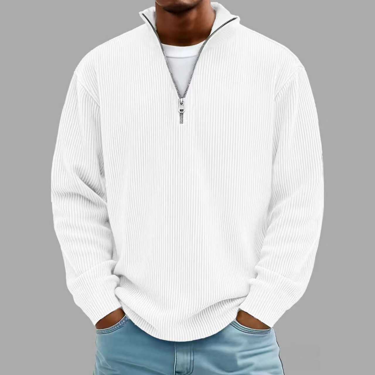 Men's Corduroy Stand Collar Solid Color Long Sleeve Quarter Zip Sweatshirt