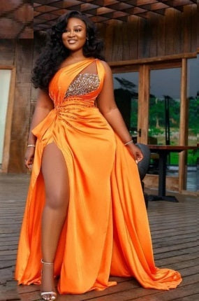 Satin Orange Asymmetrical One Shoulder Metallic Silver Design High Slit Maxi Sash Sweep Train Evening Formal Party/Prom Maxi Dress to 18W Plus Size