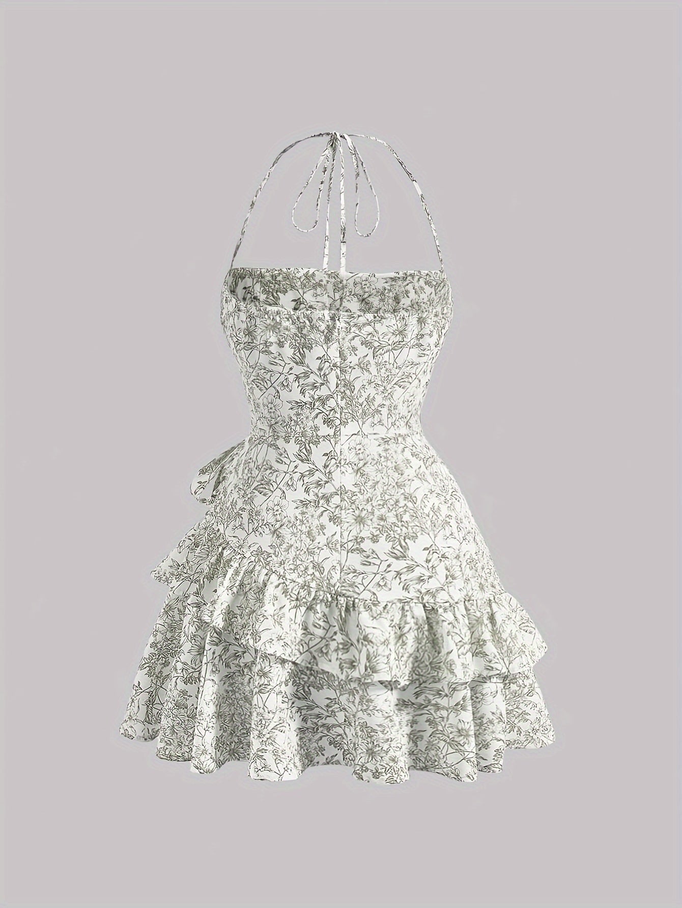 Floral Print Layered Ruffled Hem Halter Sleeveless Mini Dress