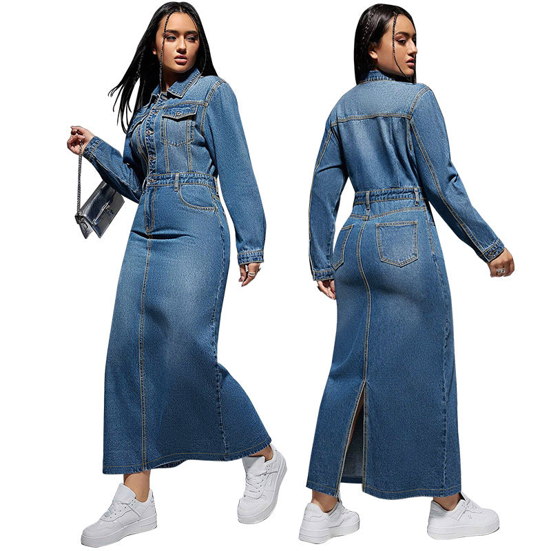 Denim Blue Washed Turn-Down Collar Long Sleeve High Back Slit Button-Up Maxi Jean Dress