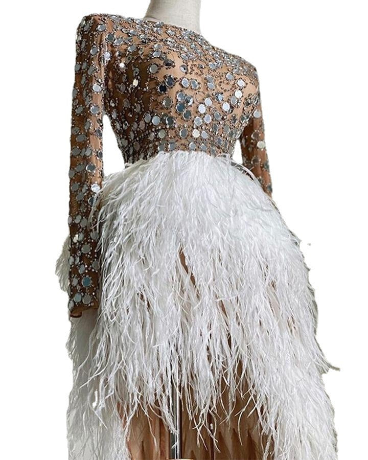 Sparkling Metallic Sequin Design Long Sleeve Feather Embroidered Tutu Skirt Formal Party Dress