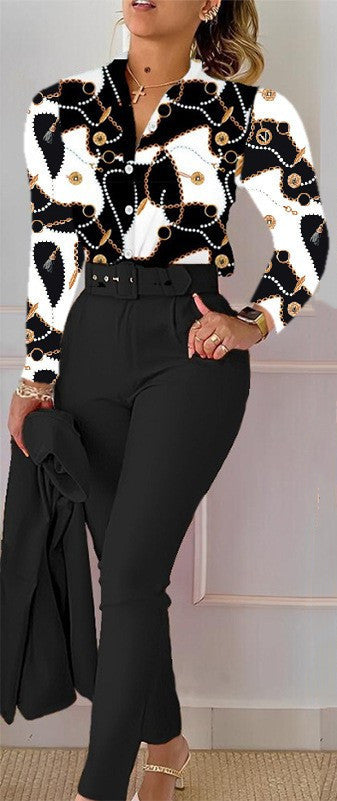 Floral/Geometric/Baroque/Colorblock Gradient Print Long Sleeve Blouse + Solid Color Pants w/ Belt 2-Piece Office Attire Set