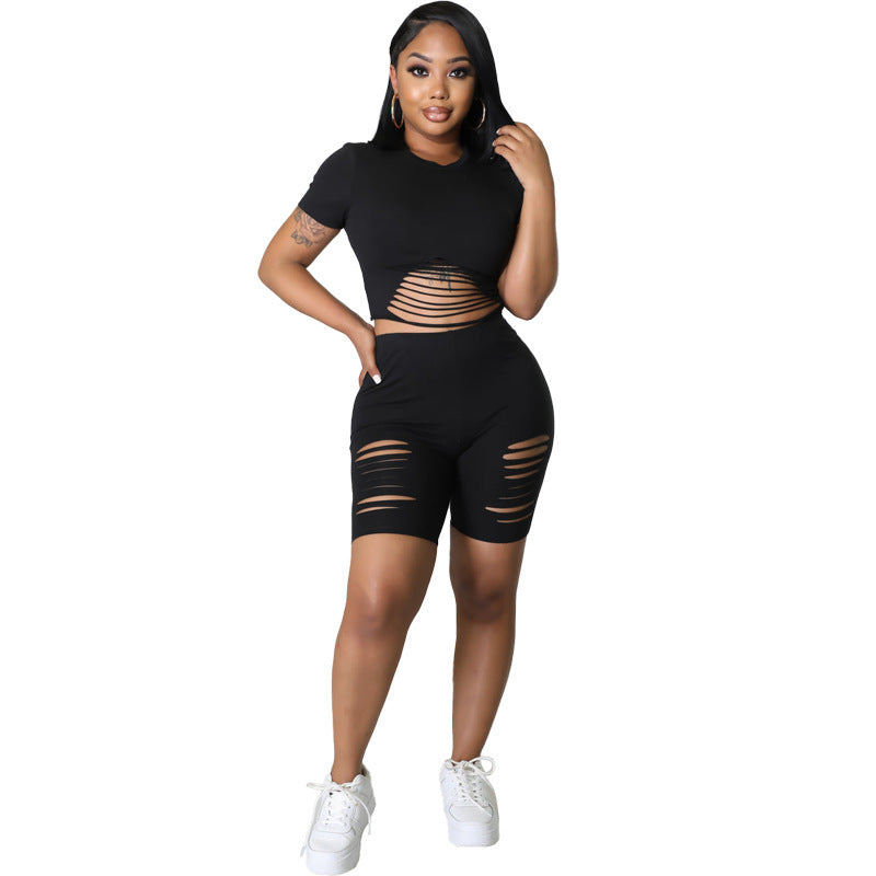 Skinny Solid Color Women's Short Sleeve Crop T-Shirt + Ripped Workout Shorts 2-Piece Fitness Set to 5X Plus Size