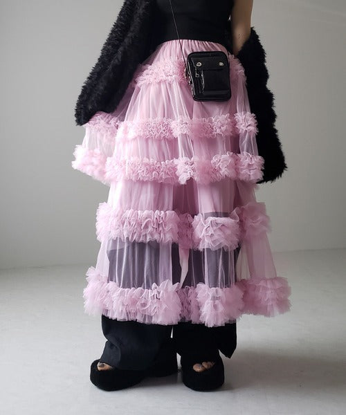 Mesh Tiered Sheer Transparent 3-Layer Spliced Tutu Maxi Skirt