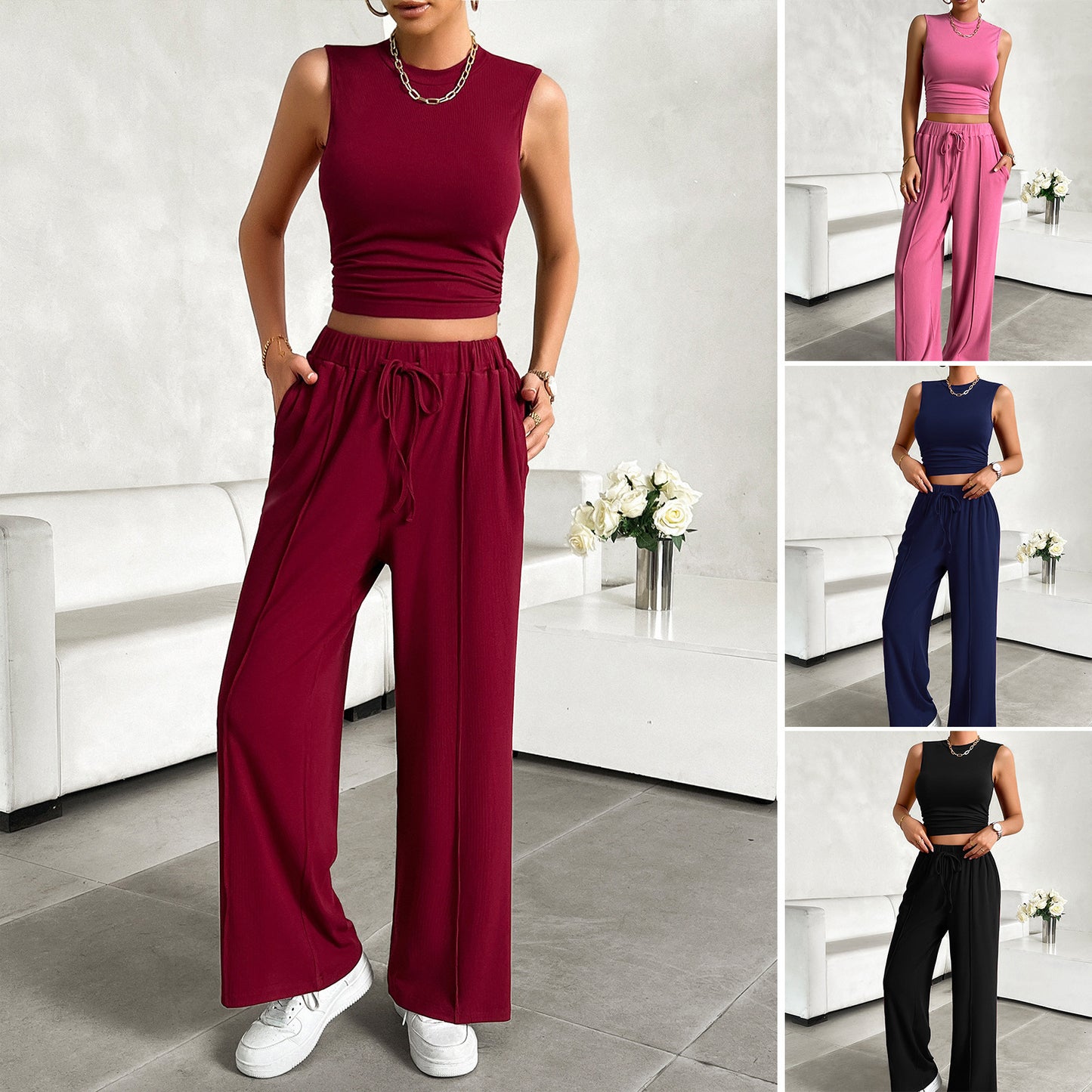 Sleeveless Solid Color Vest + Drawstring Pants Women's Casual 2-Piece Set