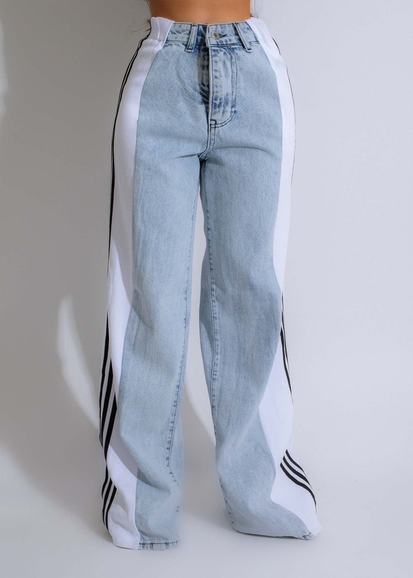 Side Striped Colorblock Denim Patchwork Wide Leg Streetwear Jeans