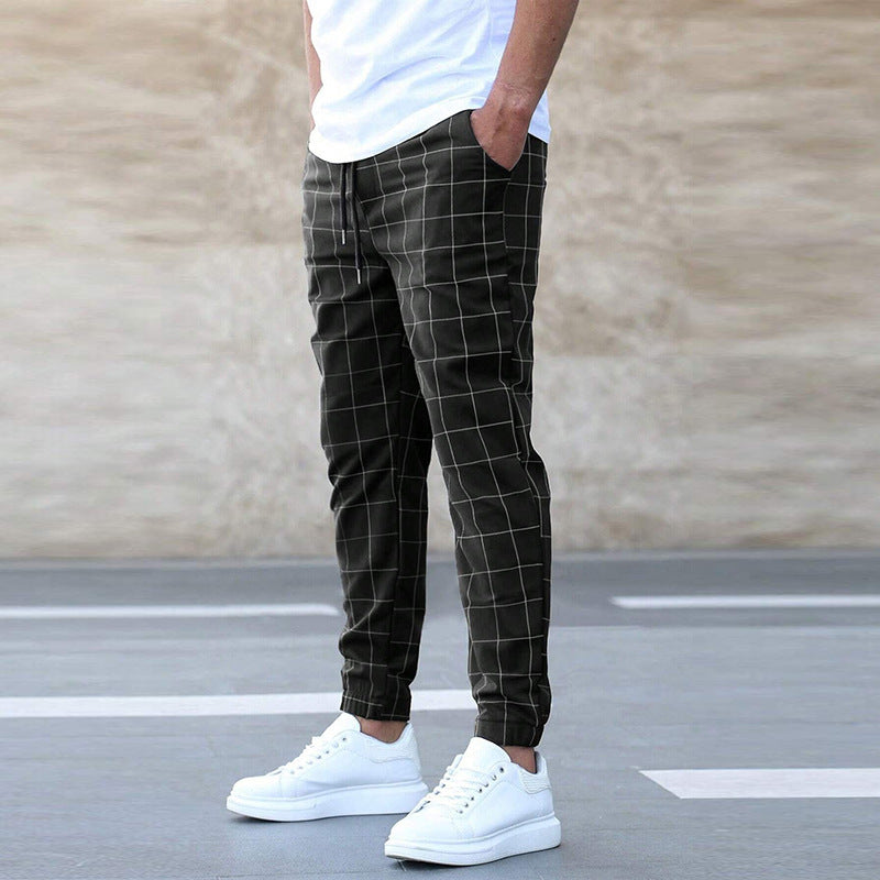 Men's Plaid Print Casual Drawstring Trouser Pants
