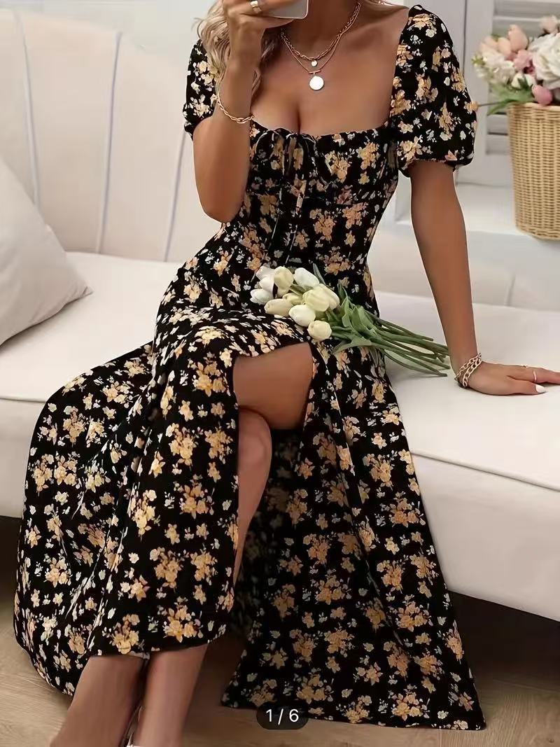 Floral Print Bohemian Short Sleeve High Side Slit Lace-Up Beach Maxi Dress