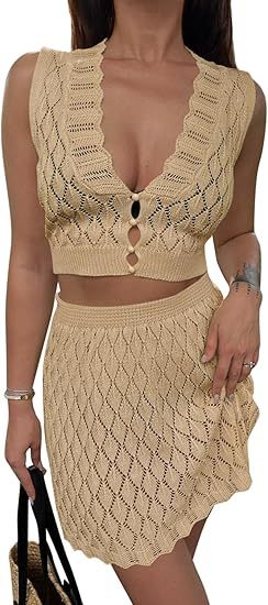 Crochet Swimsuit Cover-Up Sleeveless V-Neck Crop Top + Mini Skirt Women's 2-Piece Set