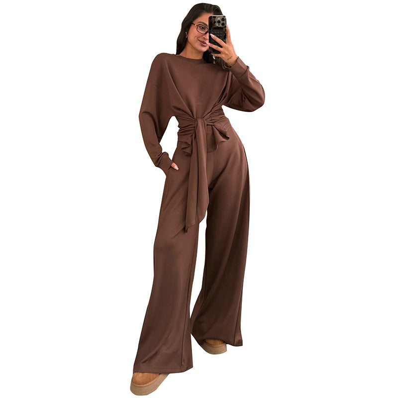 Lace-Up Sash Belted Solid Color Long Sleeve Women's Wide Leg Jumpsuit