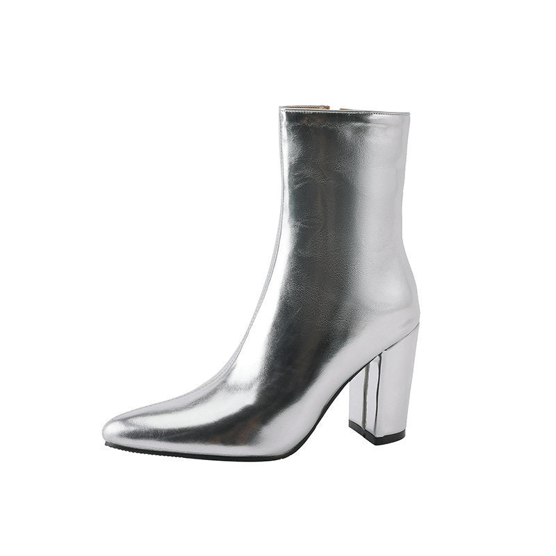 Metallic Silver/Gold Pointed Toe Thick Heel Women's Side Zipper Ankle Boots
