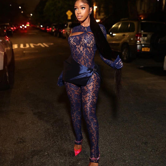 Lace Satin Sheer Transparent Hollow-Out Skinny O-Neck Long Sleeve Women's Bodycon Jumpsuit