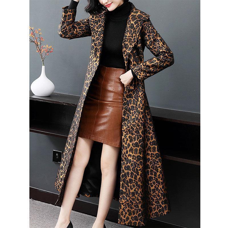 Leopard Print Women's Turn-Down Collar Trenchcoat