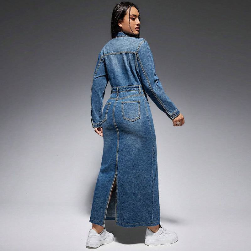 Denim Blue Washed Turn-Down Collar Long Sleeve High Back Slit Button-Up Maxi Jean Dress
